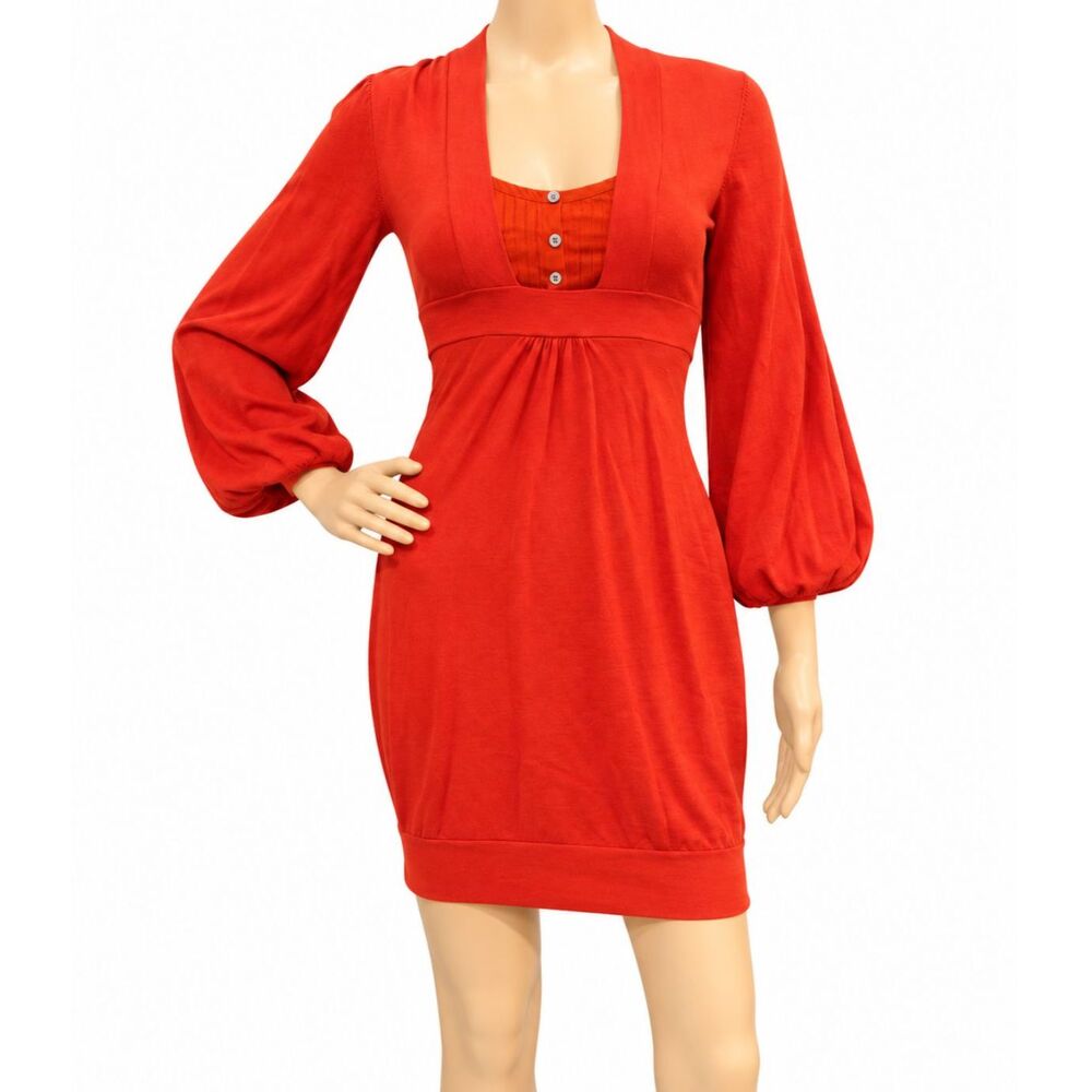 Vtg Karen Millen England Burnt Orange Knit Balloon-Sleeve Wool Mini Dress Sz 1